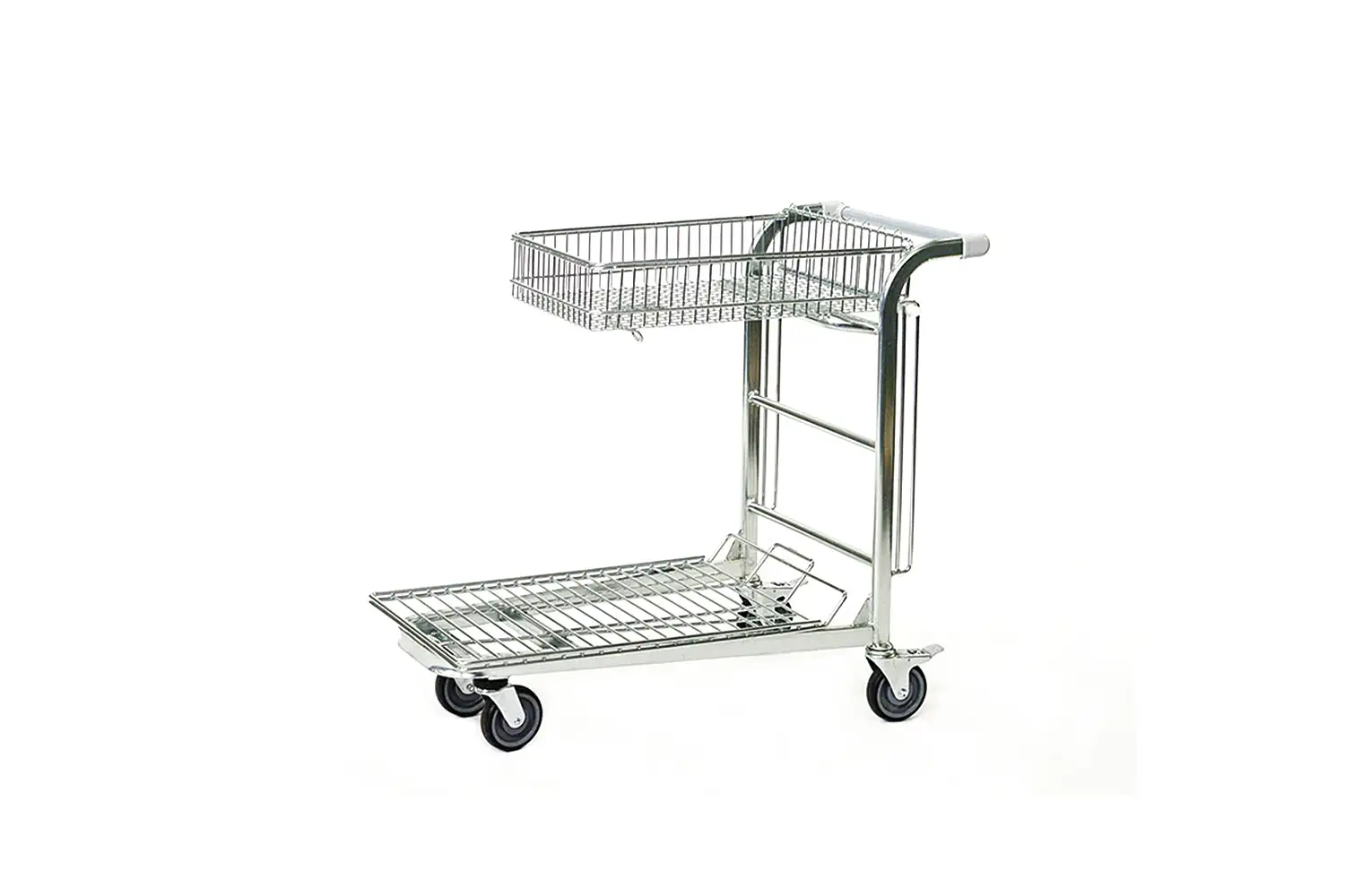 Ein kompakter Transportwagen mit einem kleinen Gitterkorb oben und einer größeren Plattform unten. Der Wagen hat drei Räder.