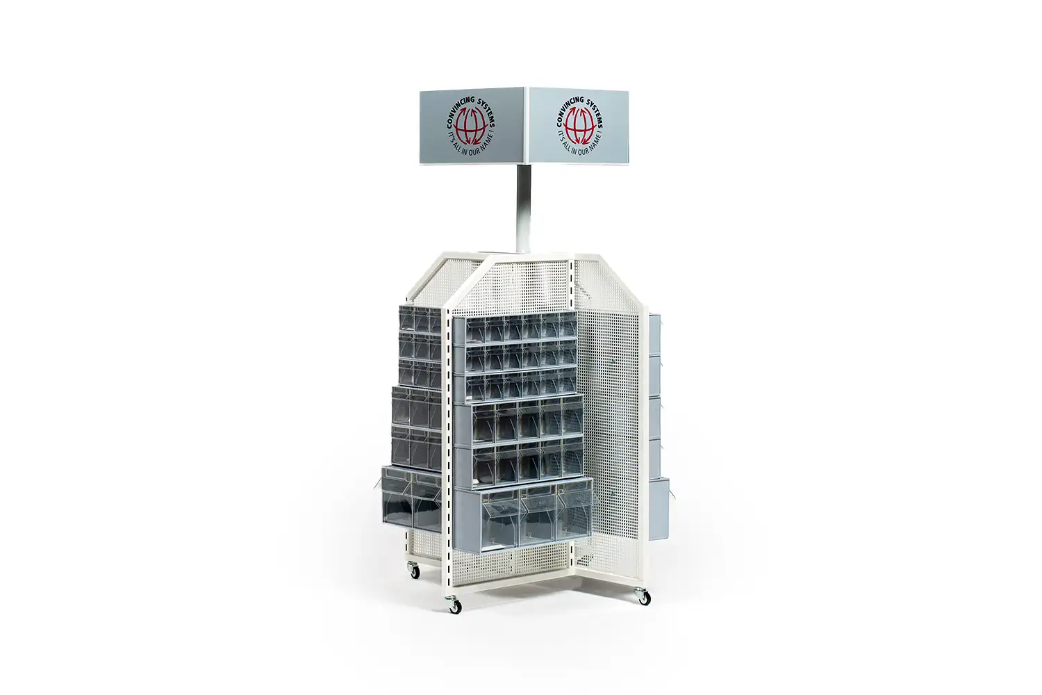 Rollen-Display mit mehreren Ablageboxen für Zubehör und Kleinteile. Perfekt geeignet für den Point-of-Sale im Einzelhandel oder auf Messen.