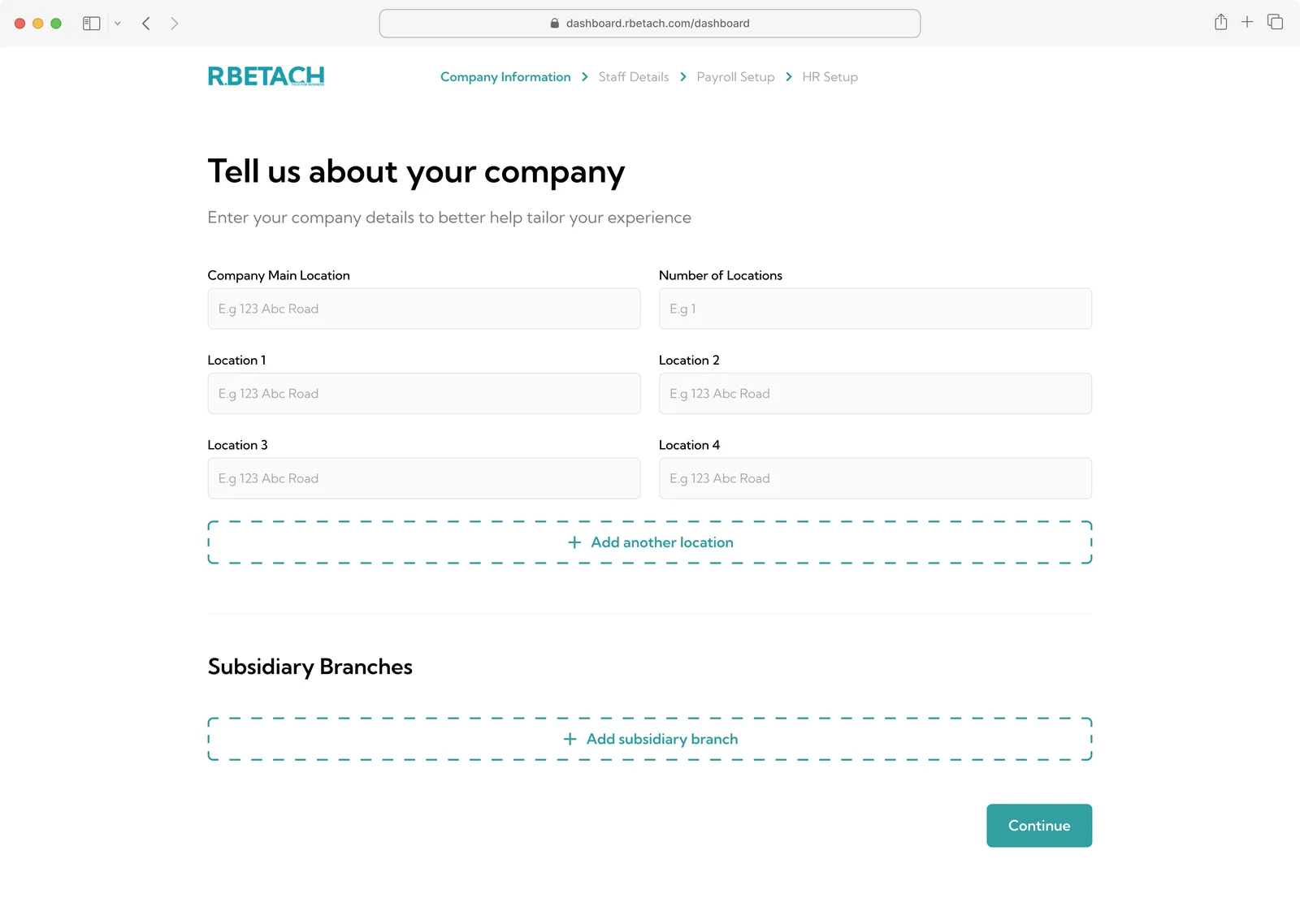 RBetach company information onboarding form