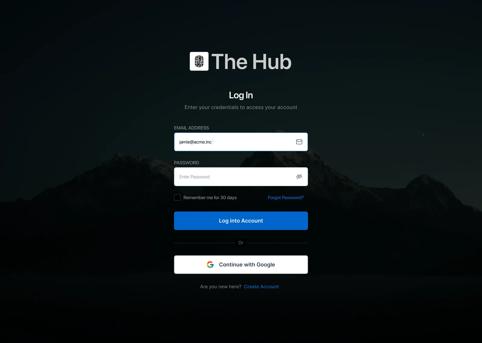 The Hub account login screen