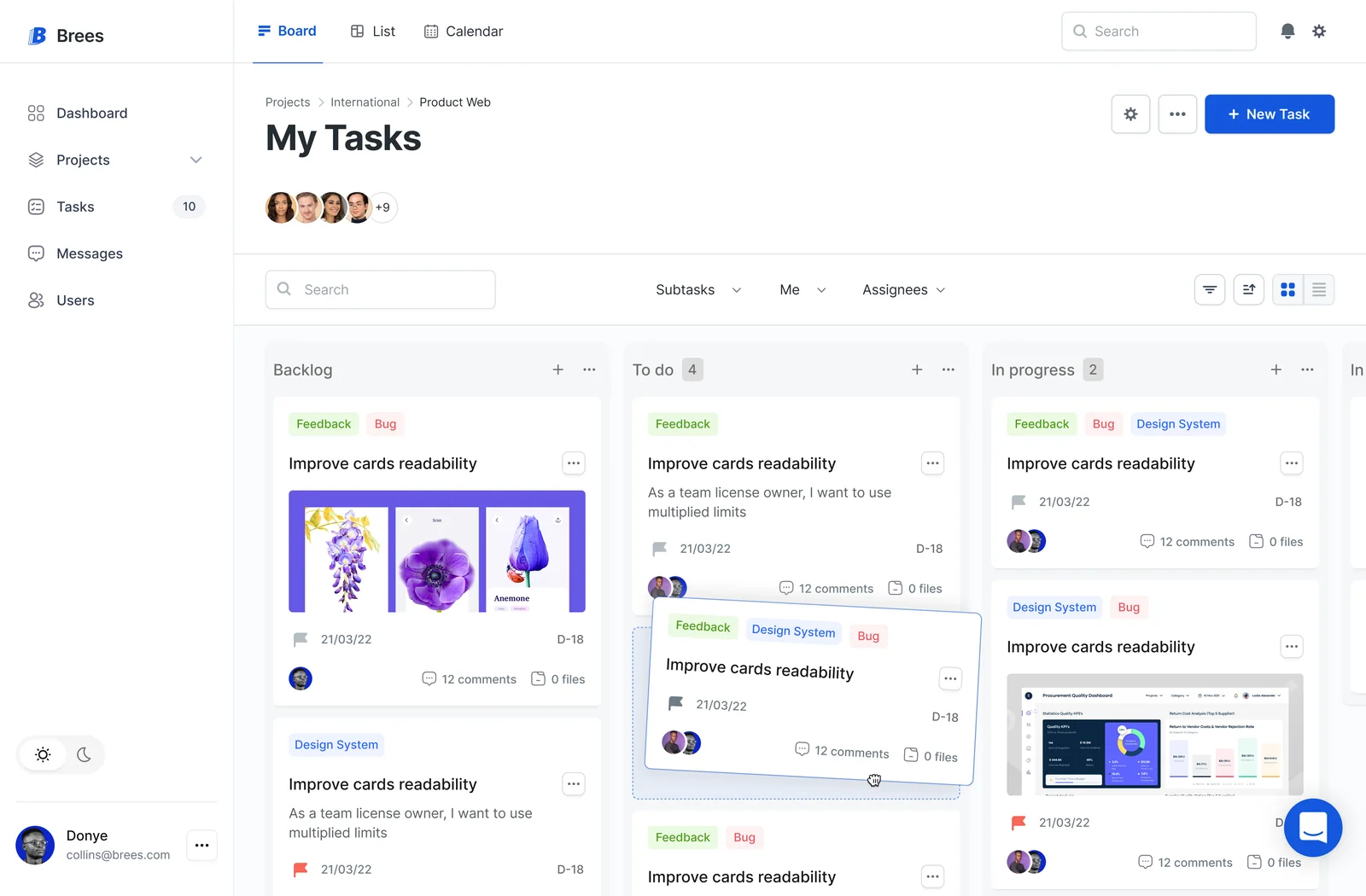 Product team task board with review cards