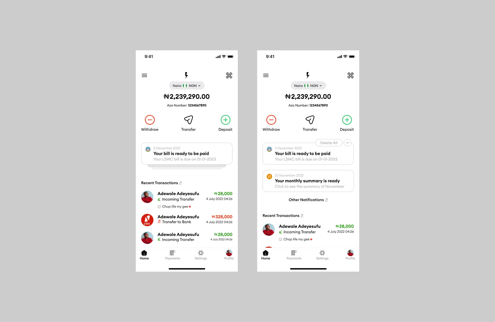 Wallet balance and transaction screens
