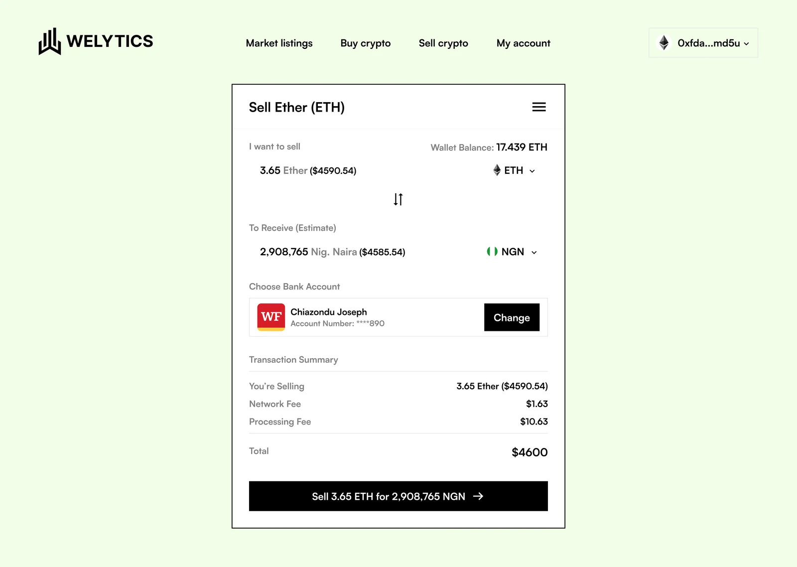 Crypto off-ramp sell and payout screen