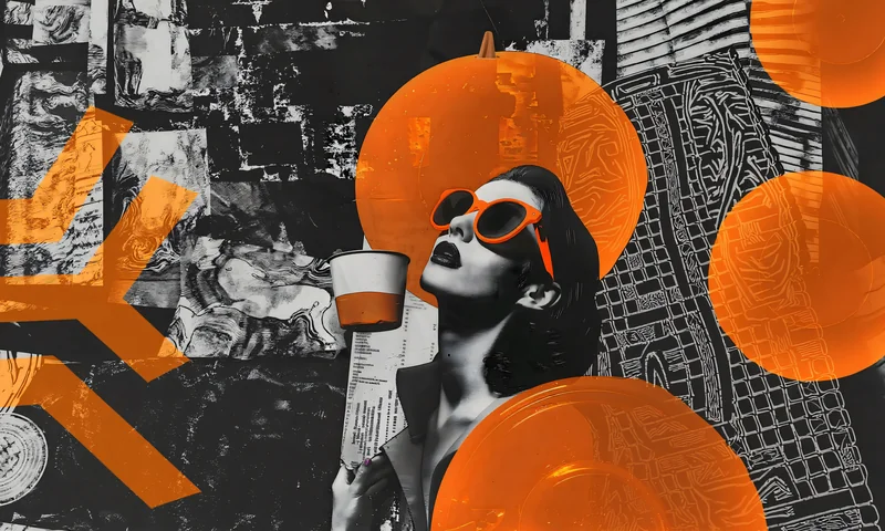 Orange and monochrome collage of a figure in sunglasses