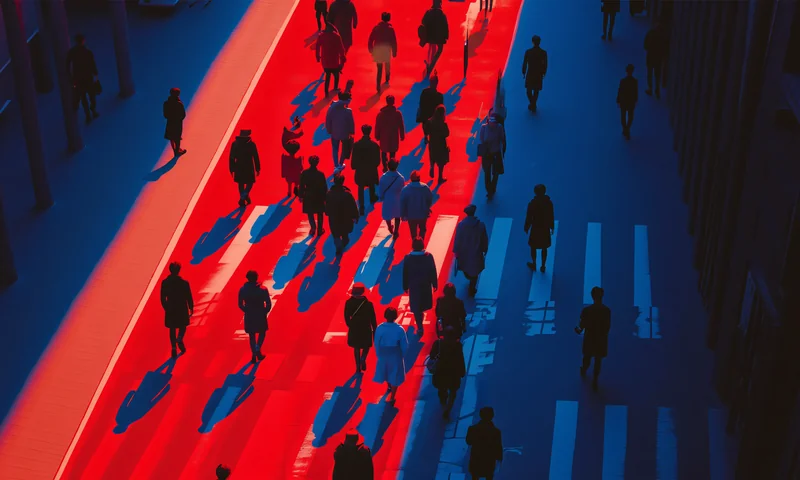 Crowd crossing a street lit in red and blue