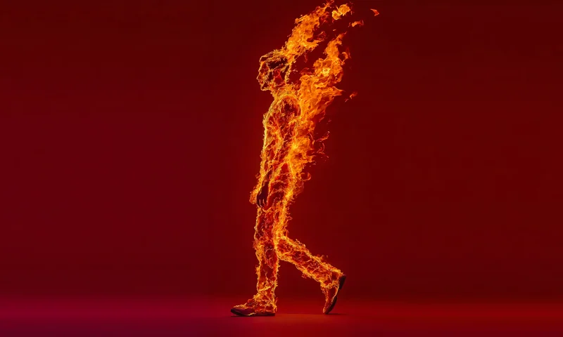Figure of flame striding against a dark red backdrop