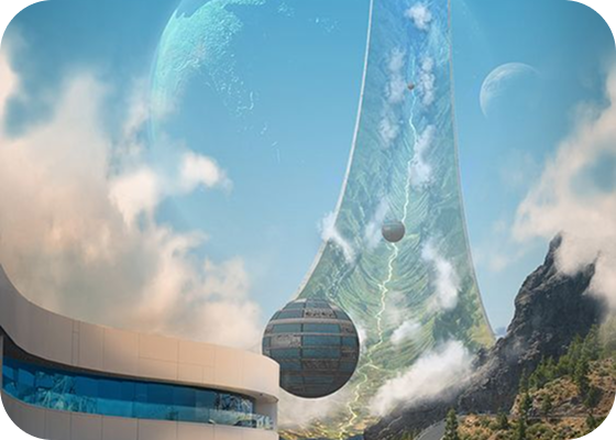 Futuristic scene featuring a large, curved megastructure extending into the sky with two spherical floating pods, a modern building with blue windows on the left, rocky mountains on the right, and planets visible in the sky above.