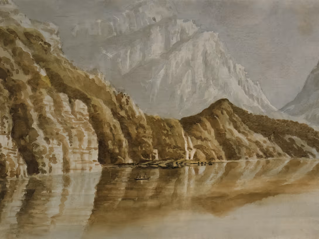 Watercolor painting of steep mountains reflected in calm lake water with a small boat in the center.