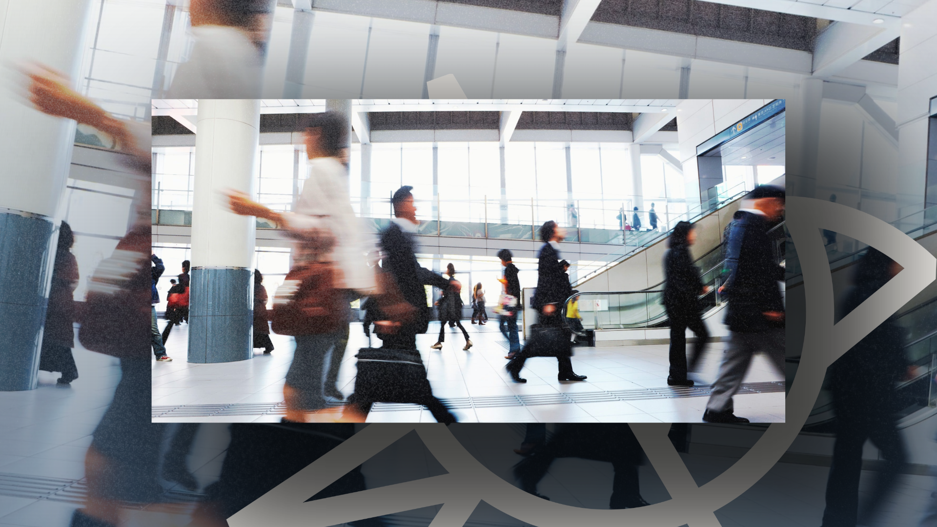 People moving through a bright indoor public space, with a Saving Birds graphic overlay.