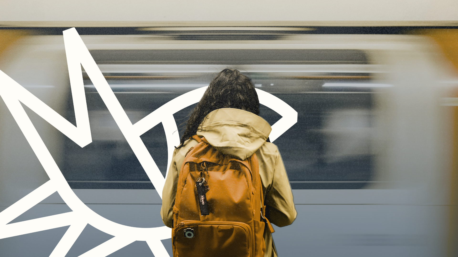 A traveler on a subway platform as a train passes, with a Saving Birds graphic overlay.