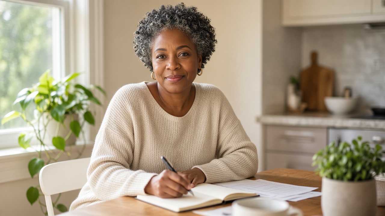 Helen Carter, adult daughter, sitting at a kitchen table reviewing funeral plans