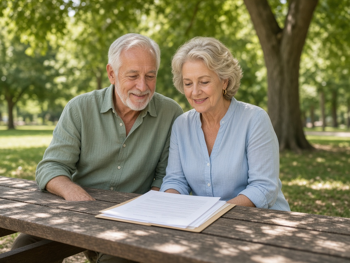 Senior couple smiling together outdoors in late afternoon light