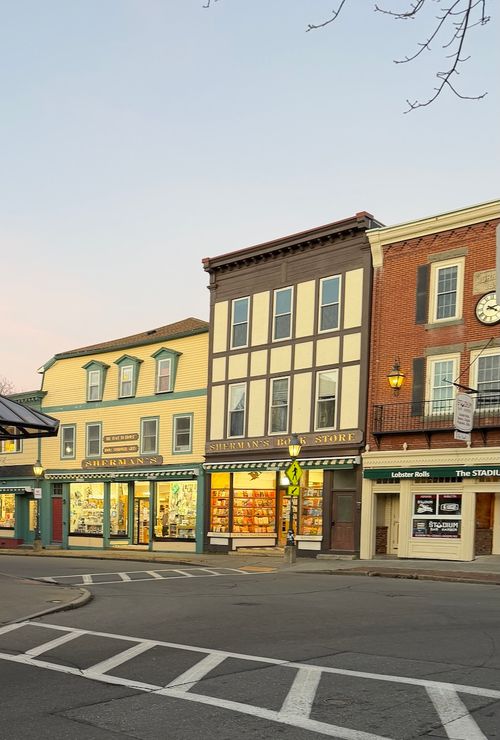 View of three historic buildings in downtown bar harbor
