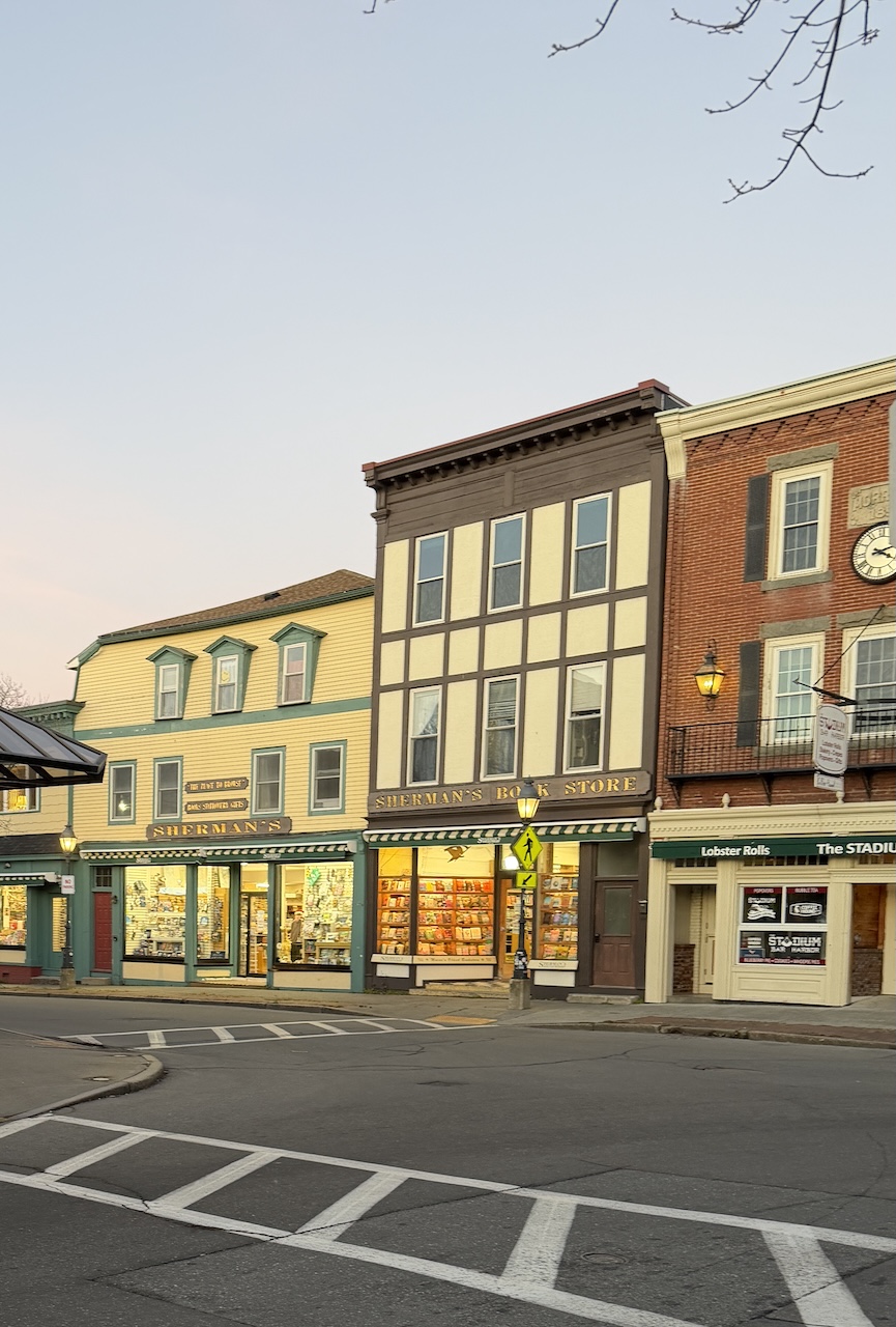 View of three historic buildings in downtown bar harbor