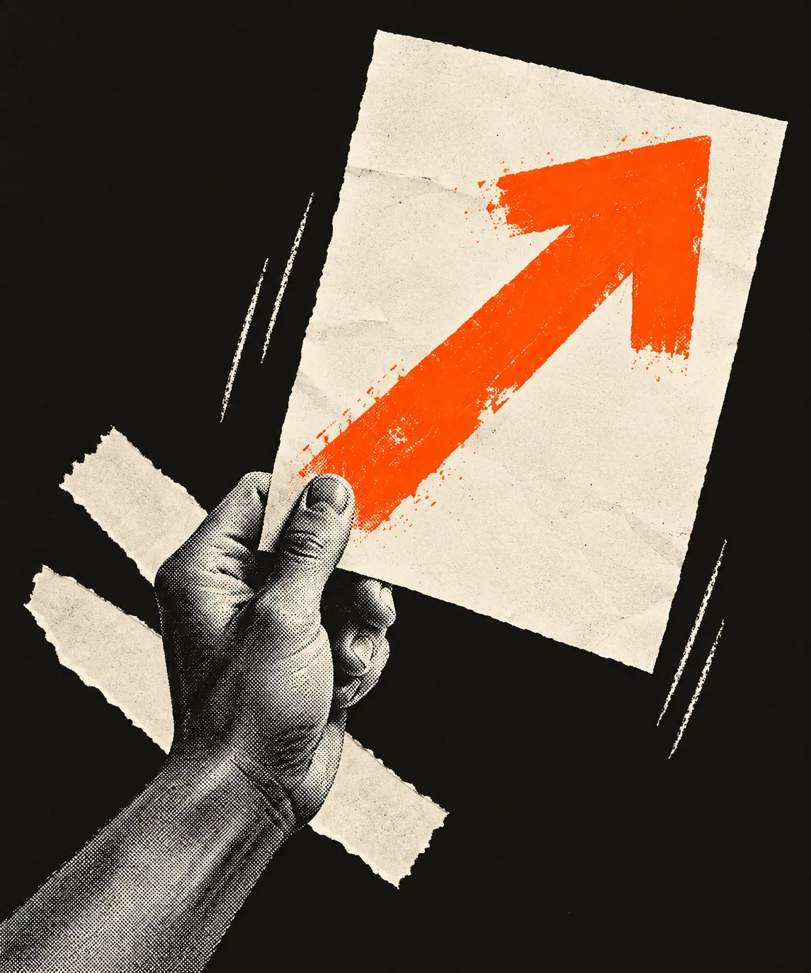 A halftone hand holding a crumpled paper sheet painted with an orange arrow pointing up and to the right, on a black ground