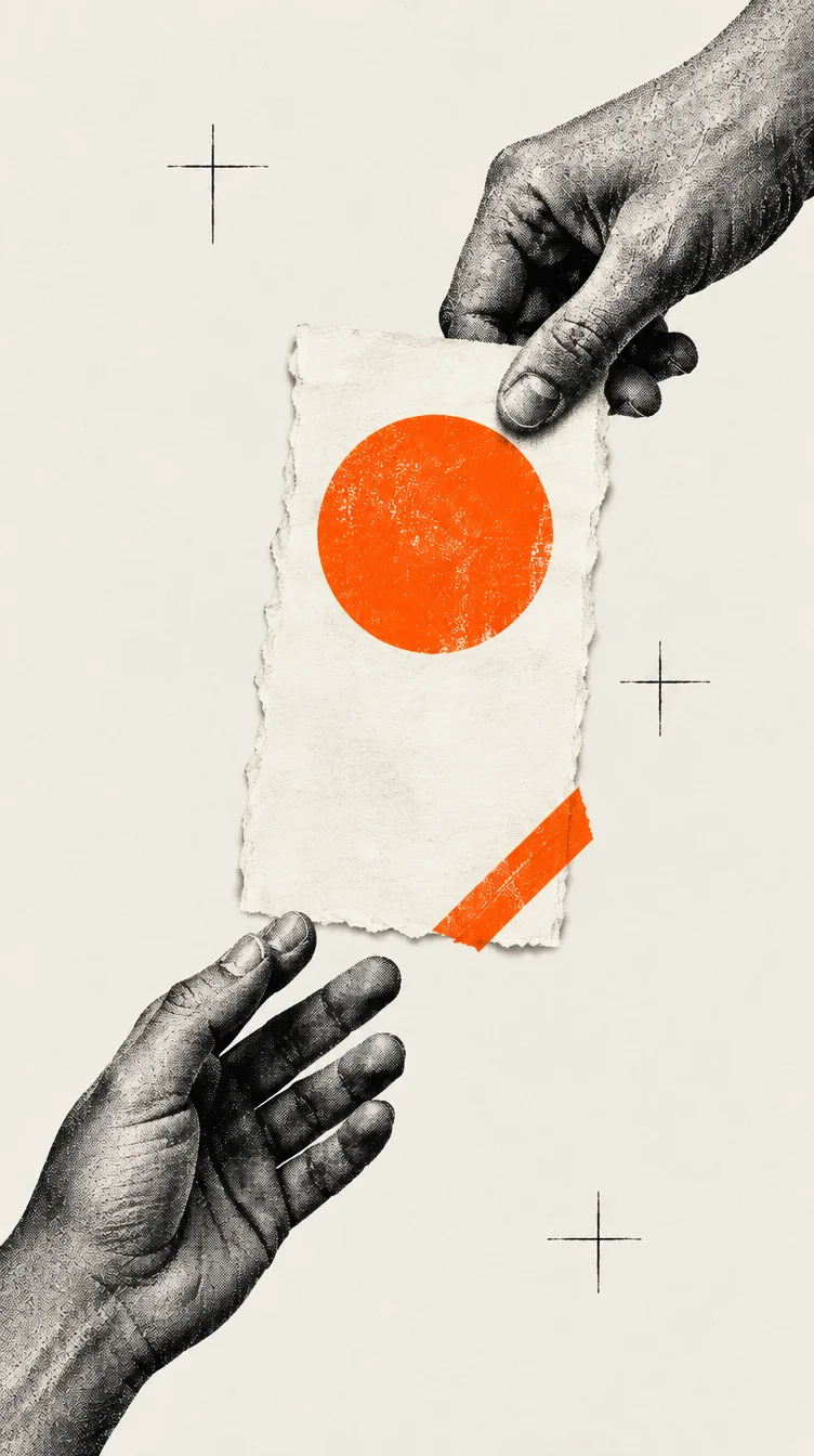 Halftone collage of one hand offering a torn paper card with an orange circle and another hand reaching to take it