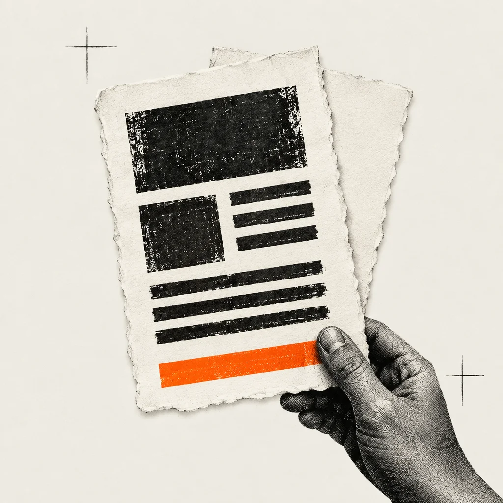 Halftone hand holding a page layout back behind a blank sheet, with an orange underline, for work held in staging