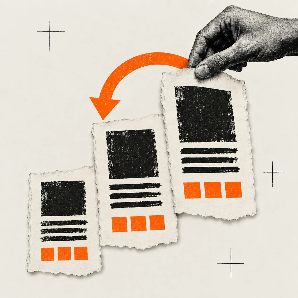 Three ascending page cards with a hand pulling the top one back under an orange arrow, for a rollback path