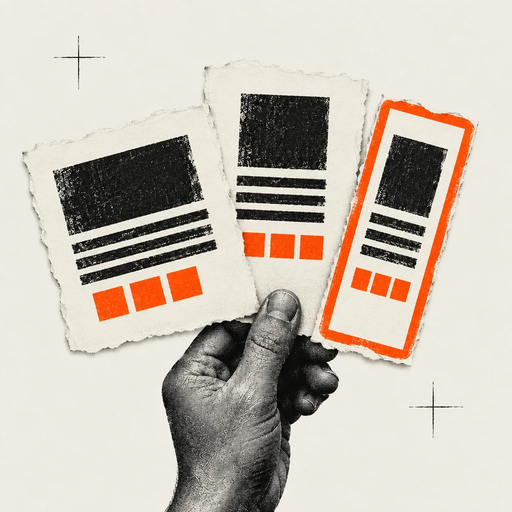 Halftone hand fanning three page cards of different proportions, the narrow one outlined in orange, for responsive QA