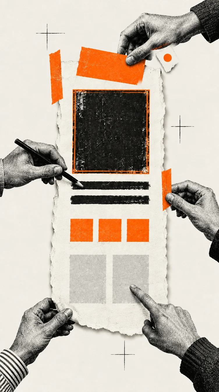 Halftone collage of five hands working on one torn paper page layout, each touching a different element