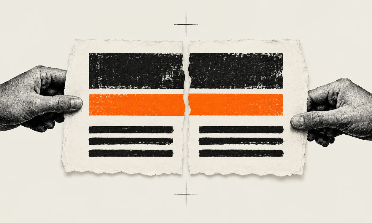 Two halftone hands bringing the two torn halves of one page layout together so they line up, for the align phase