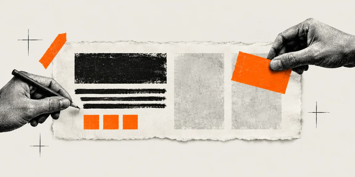 Halftone collage of two hands working on one wide torn paper page layout, one with a pencil and one placing an orange block