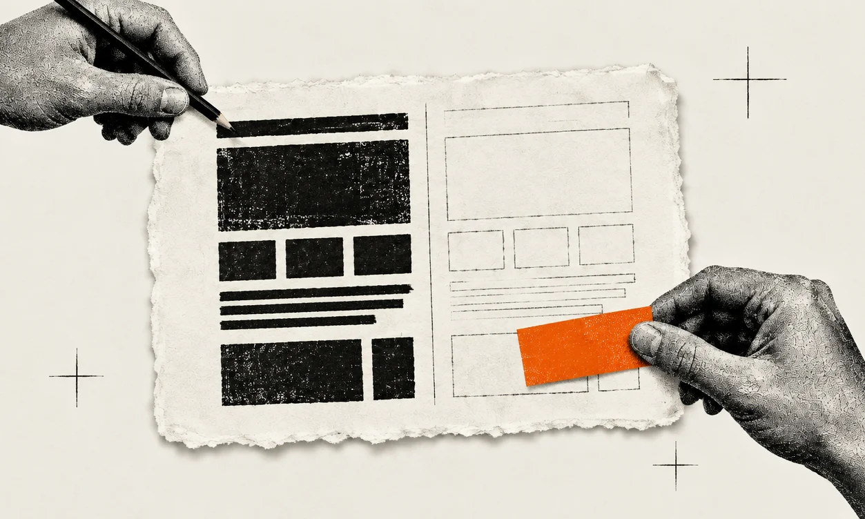 A half-assembled page layout with a halftone hand placing an orange block into a pencil outline and another hand drawing, for the build phase