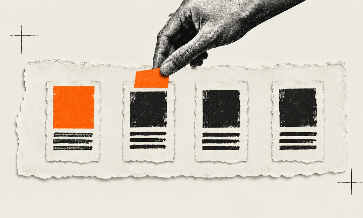 Four paper cards pinned in a row on a torn board with a halftone hand adding an orange tab to one, for the shared backlog