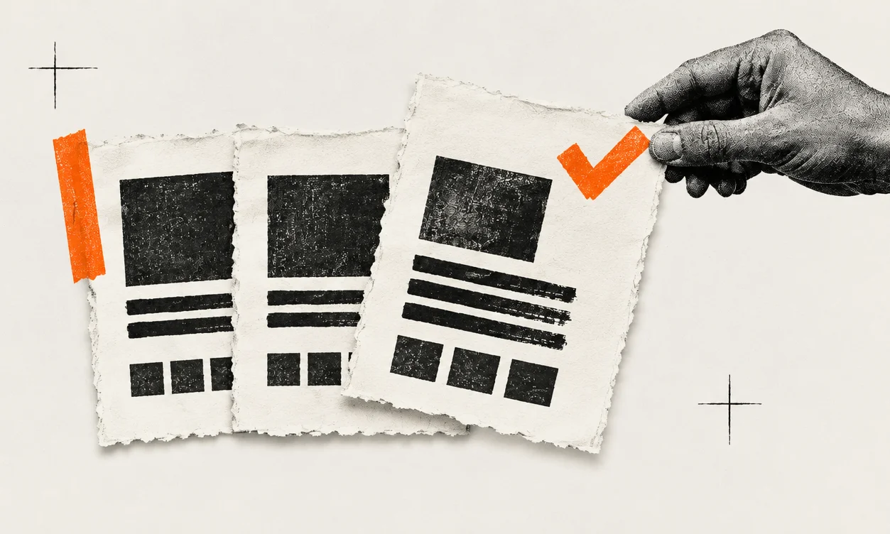 A halftone hand lifting a finished page marked with an orange check off a stack of pages, for the release phase