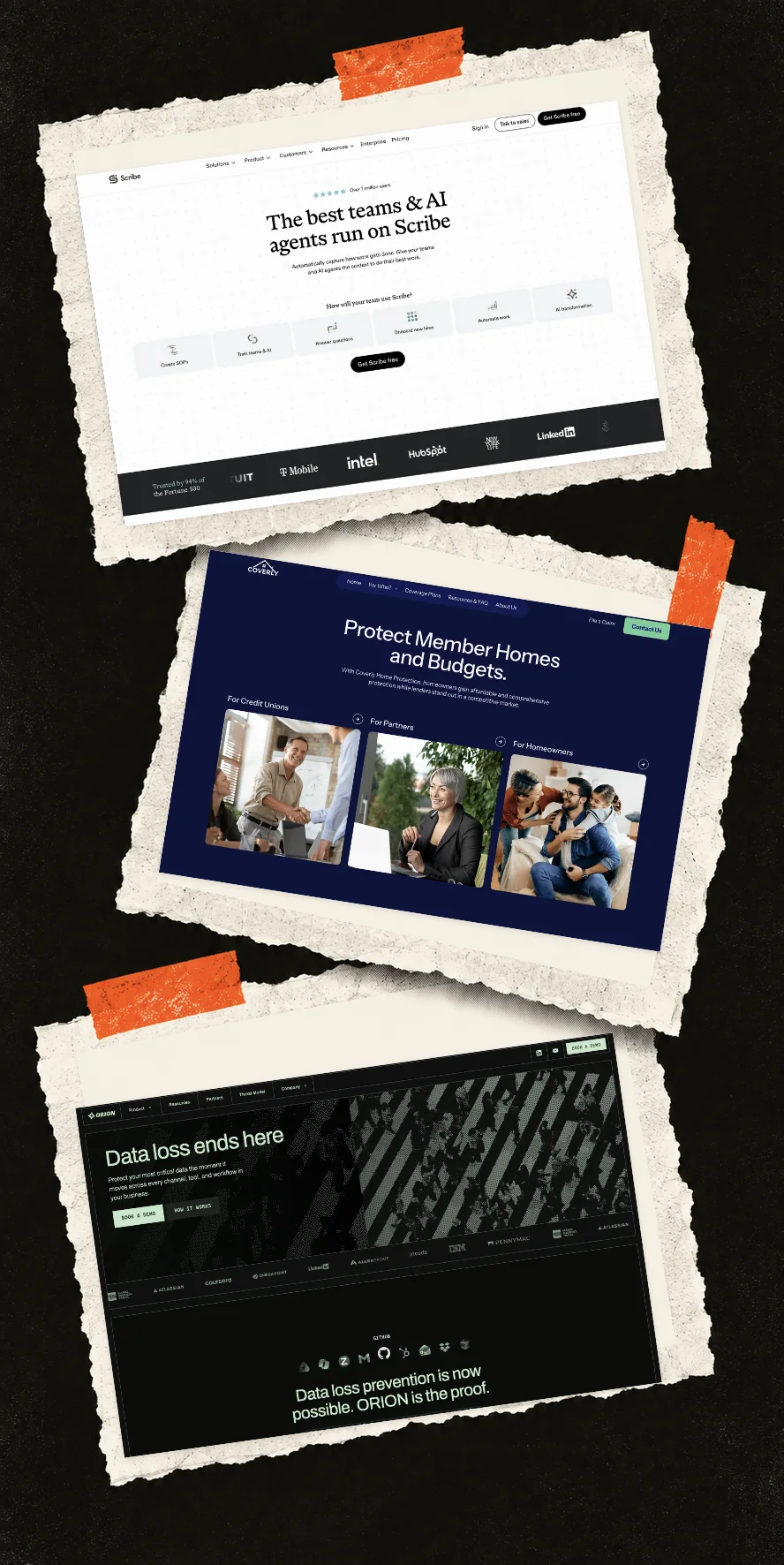 Three real website screenshots for Scribe, Coverly and Orion presented as layered torn-paper proofs on a dark background