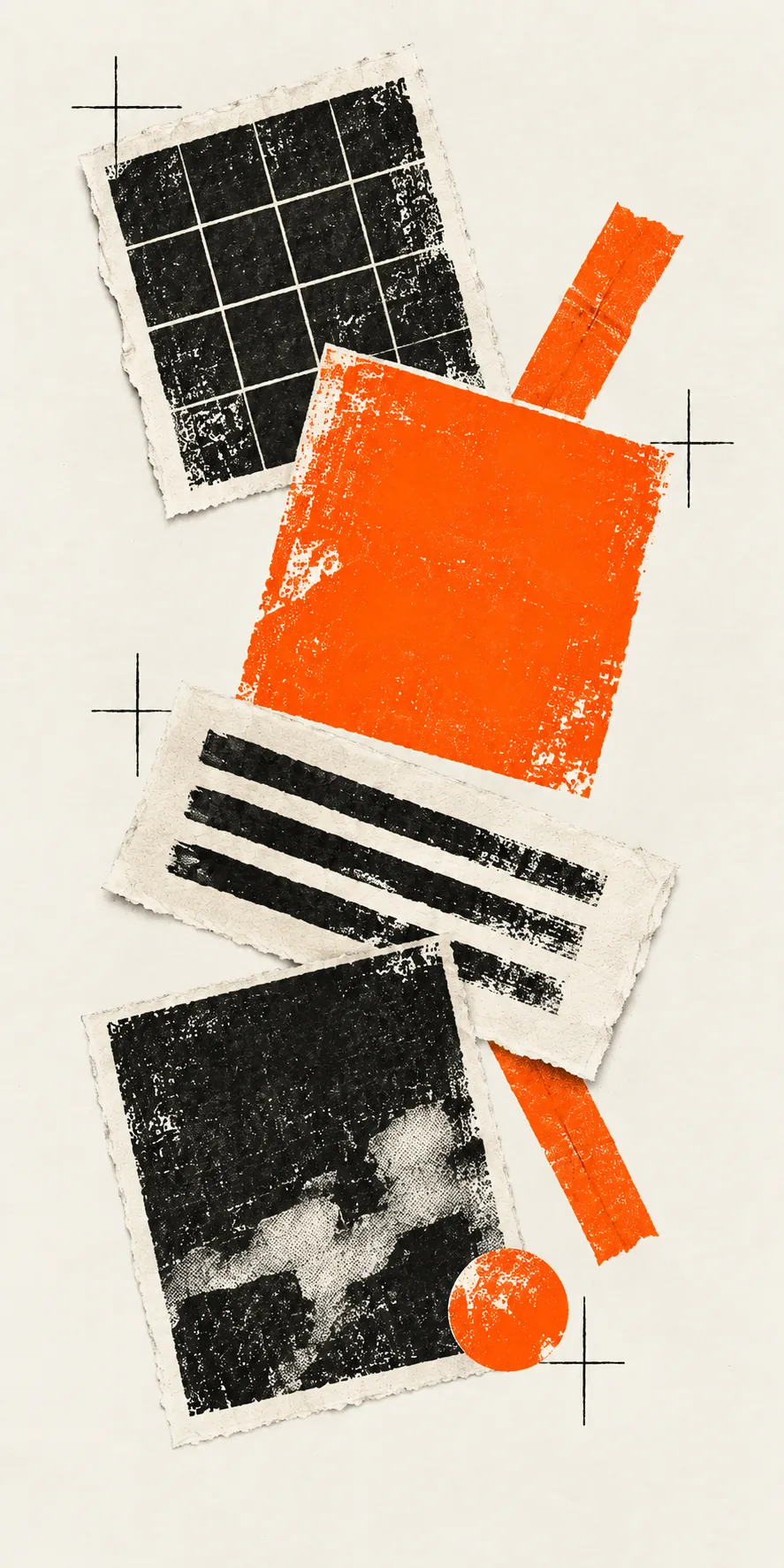 Abstract paper modules for website components in black ink and orange on warm ivory