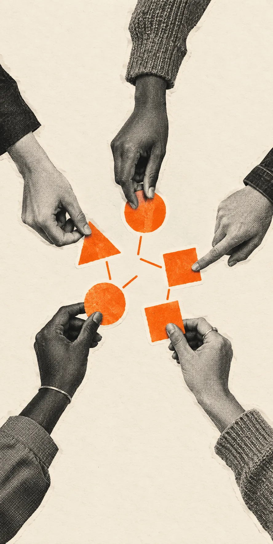 Halftone hands collaborating around a small orange paper diagram on an ivory background