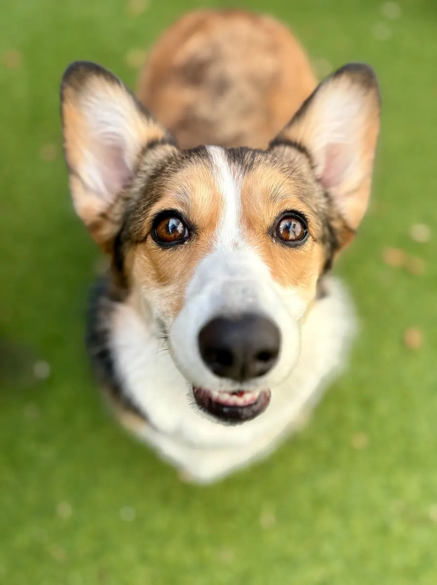 A tan-and-white dog with large upright ears looking up from green grass