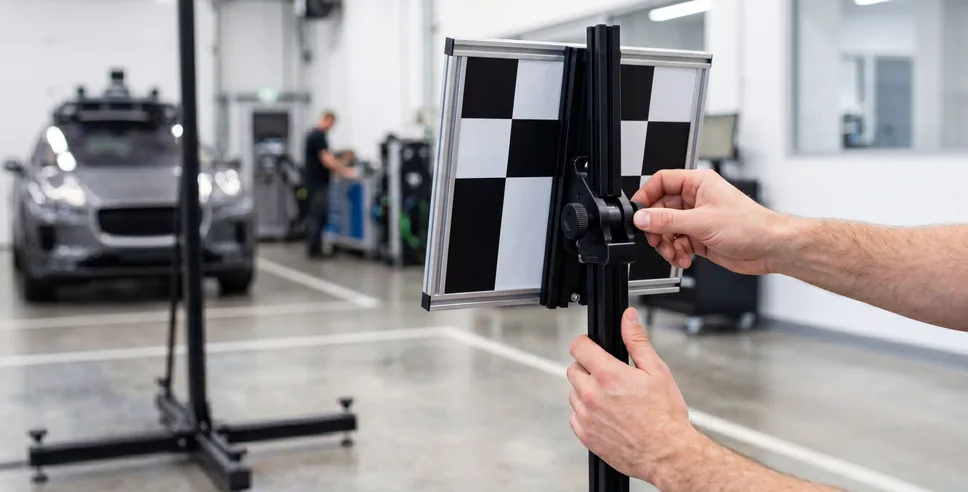 Hand adjusting a checkerboard calibration target in the shop