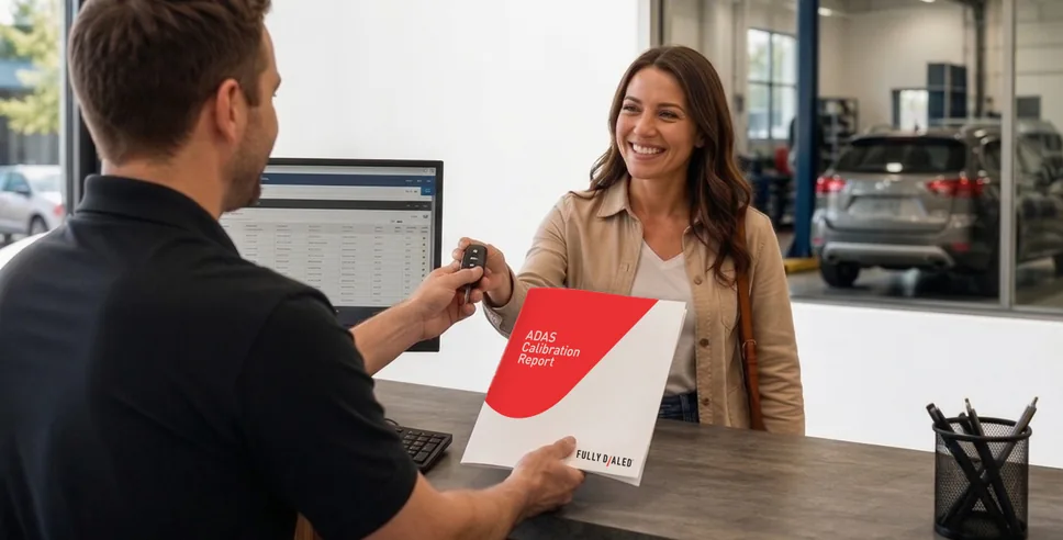 Front desk staff handing a Fully Dialed report folder to a customer