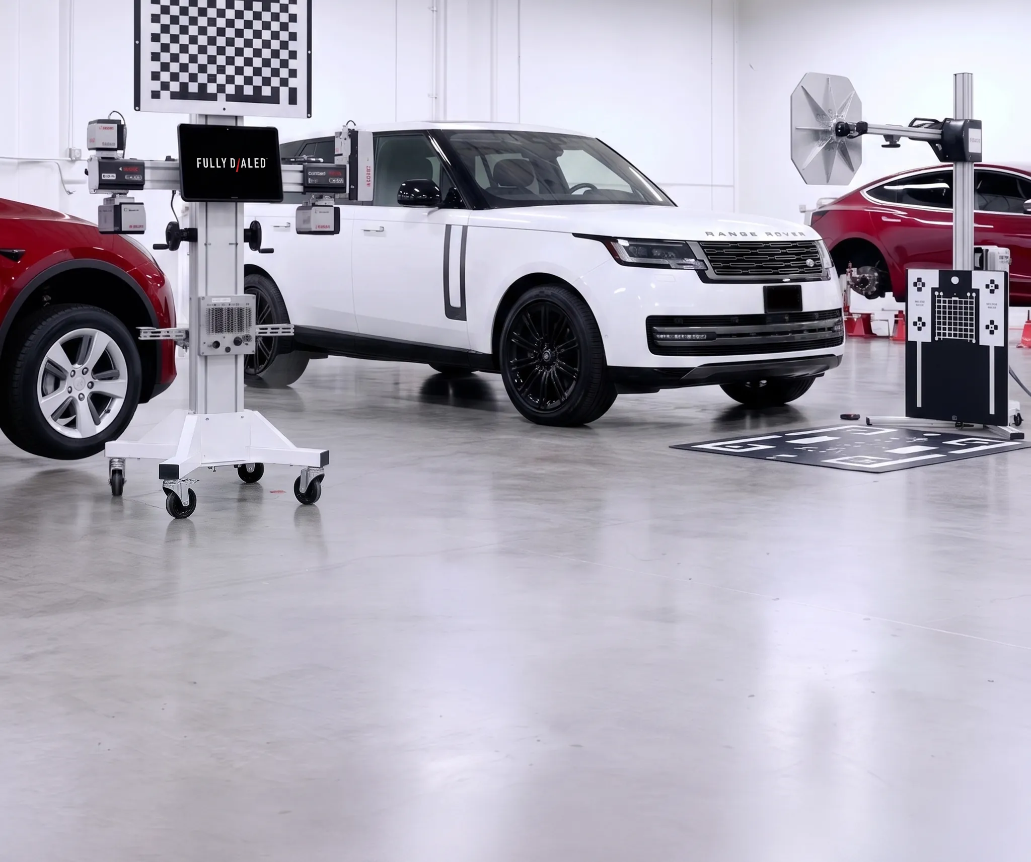 Fully Dialed calibration bay with a white Range Rover in front of the ADAS rig