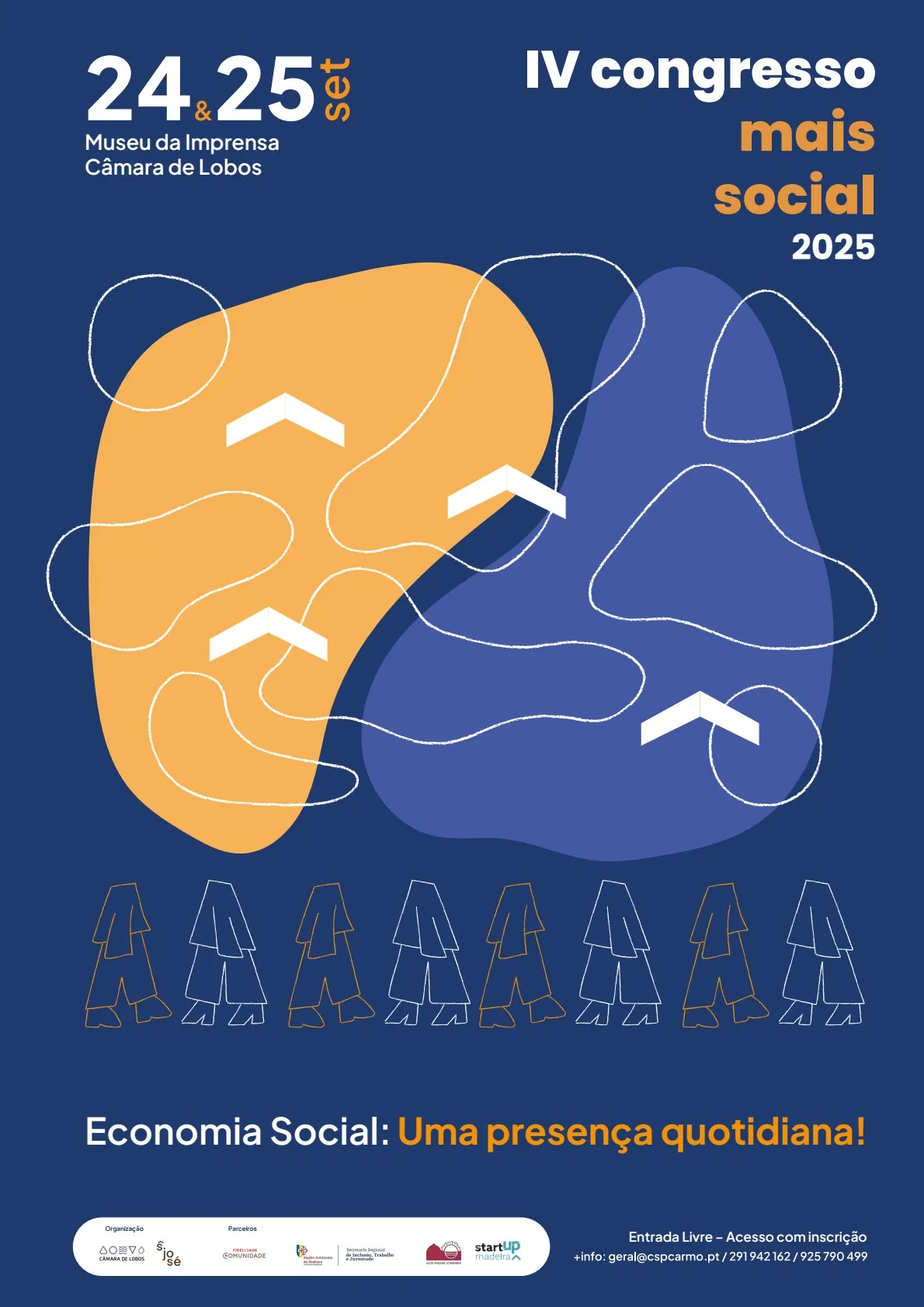 Cartaz para o IV Congresso Mais Social 2025 nos dias 24 e 25 de setembro no Museu da Imprensa, Câmara de Lobos, com tema Economia Social: Uma presença quotidiana, mostrando formas abstratas laranja e azul com linhas brancas e setas, e ícones estilizados de pessoas alinhadas na parte inferior.