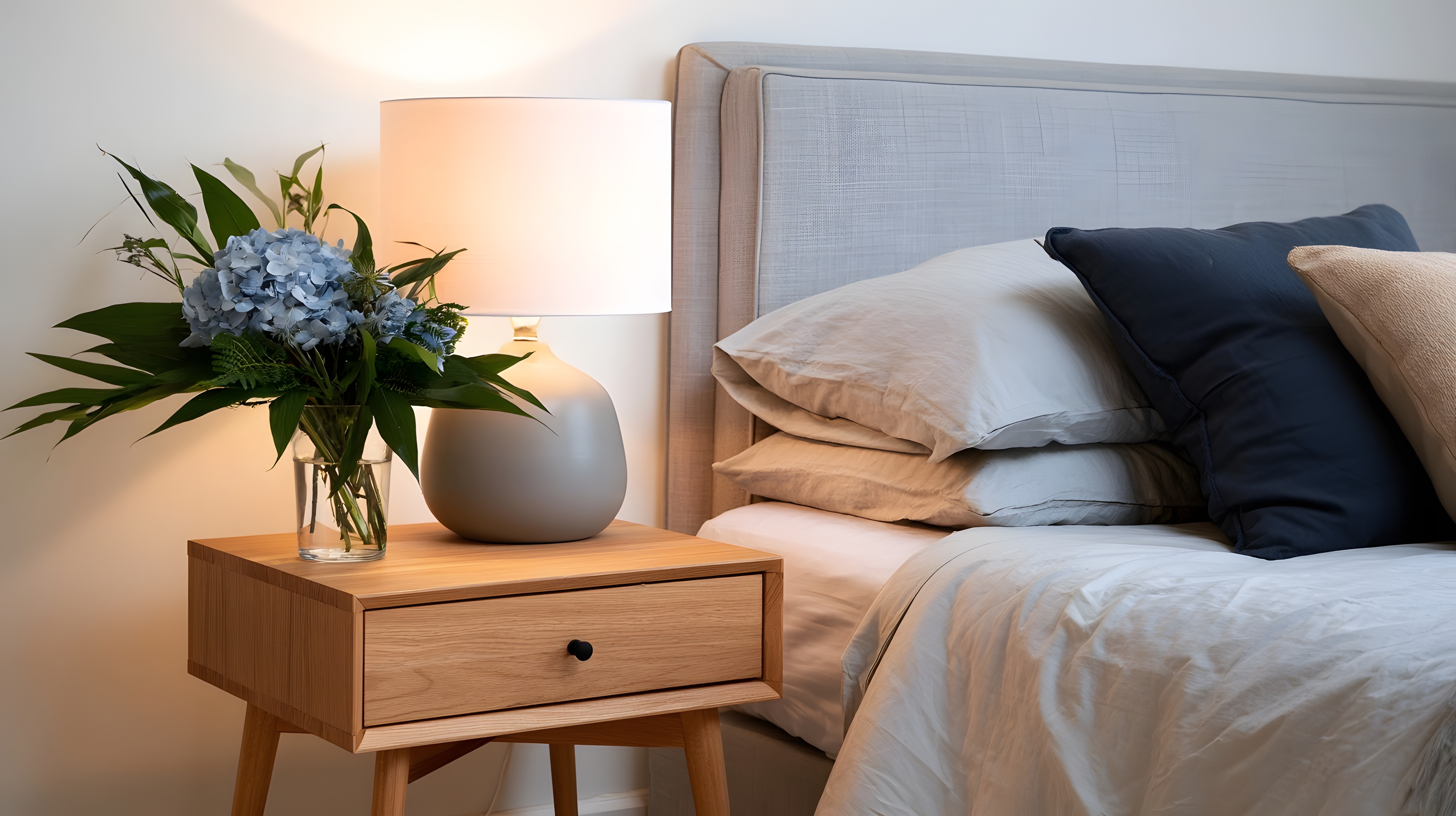 Bedside table and bed stock image