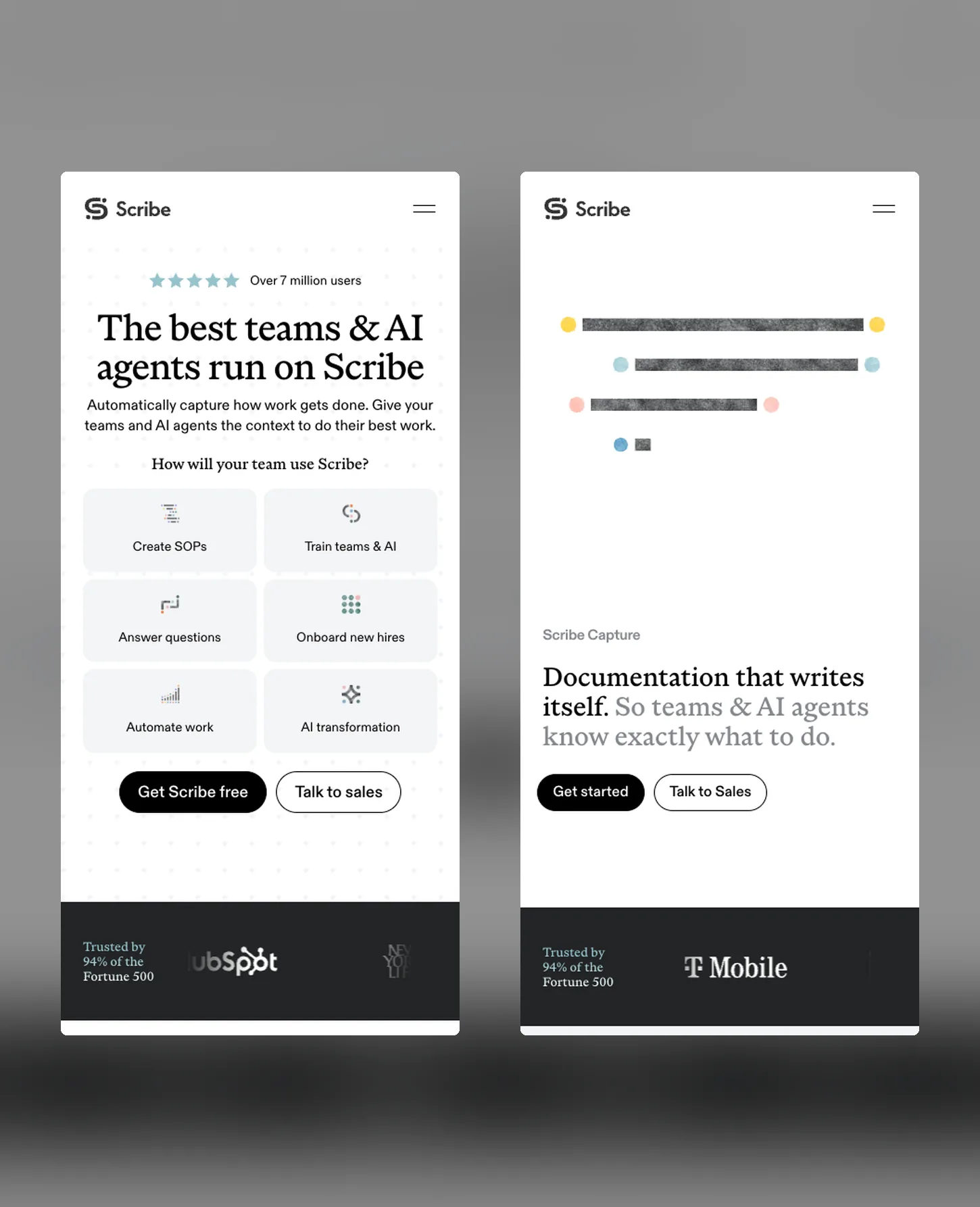The refreshed Scribe homepage and the Capture product page side by side on two phone screens.
