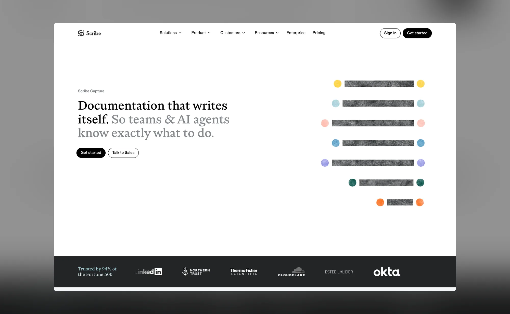 The Scribe Capture product page, headline Documentation that writes itself beside an abstract stack of step rows.
