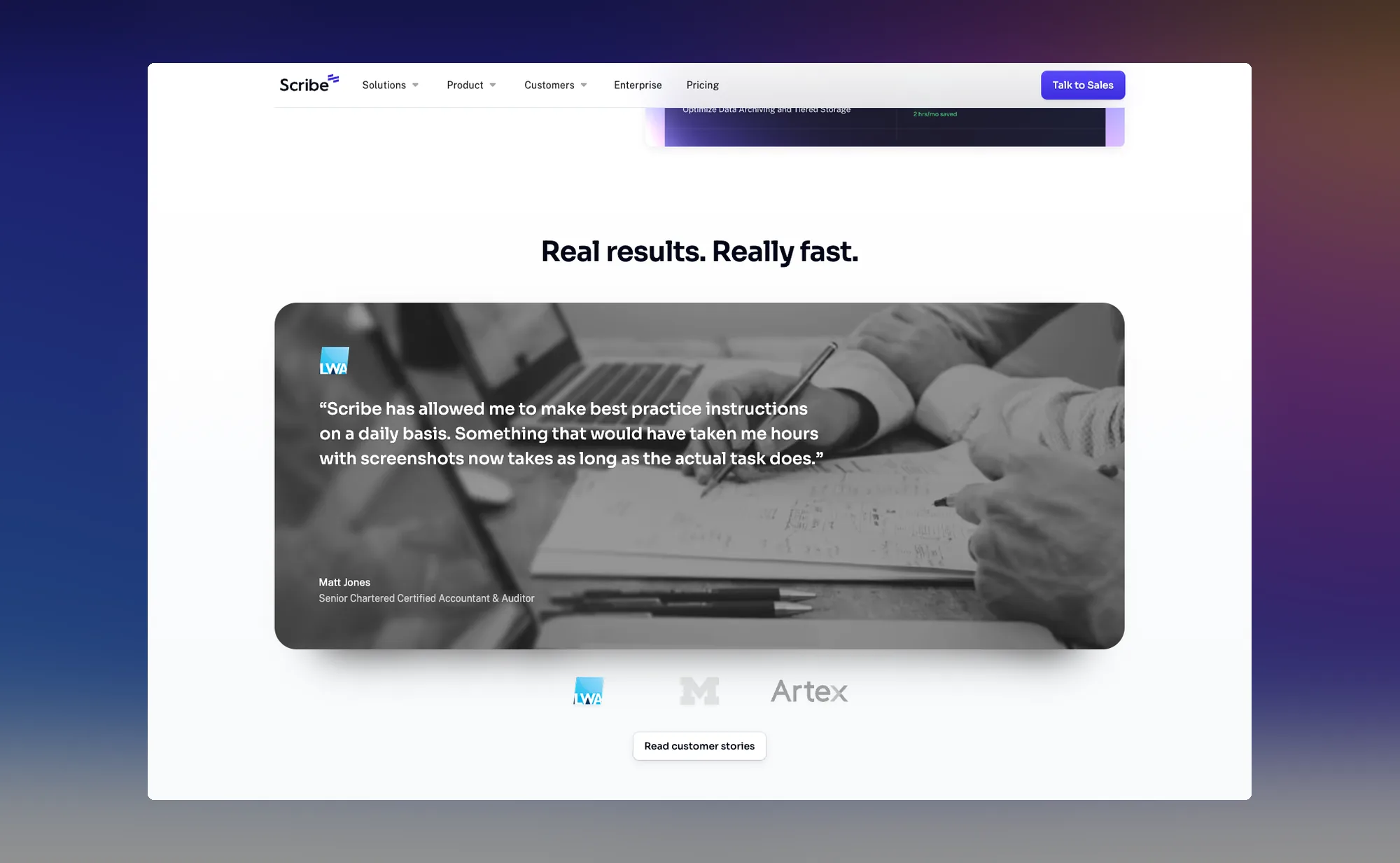 The customer proof section of the 2025 Scribe use-case page, a full-width testimonial card above three customer logos.
