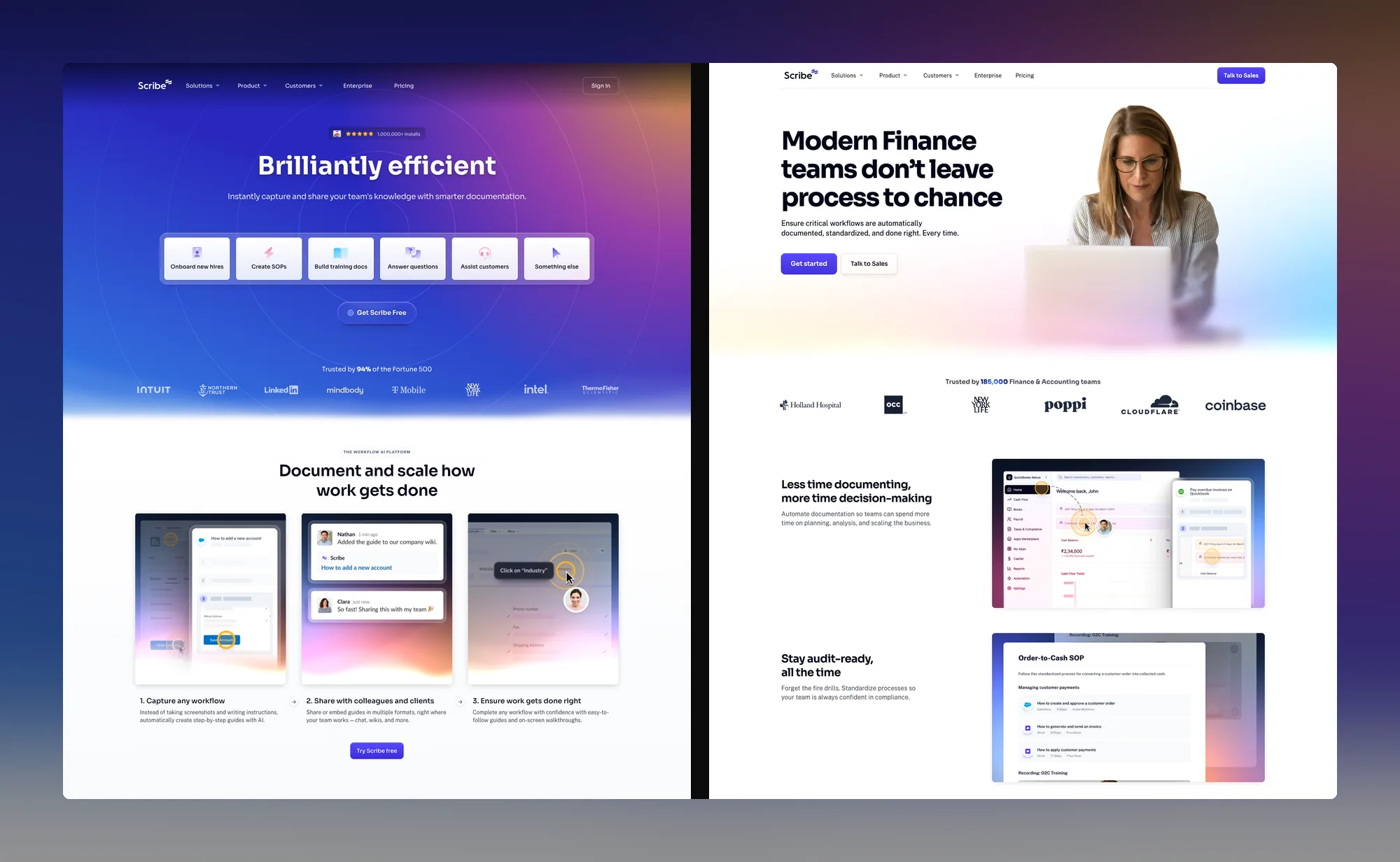 The Scribe site as it looked in 2025 on scribehow.com: the homepage beside one of the five use-case pages built around the Optimize launch.