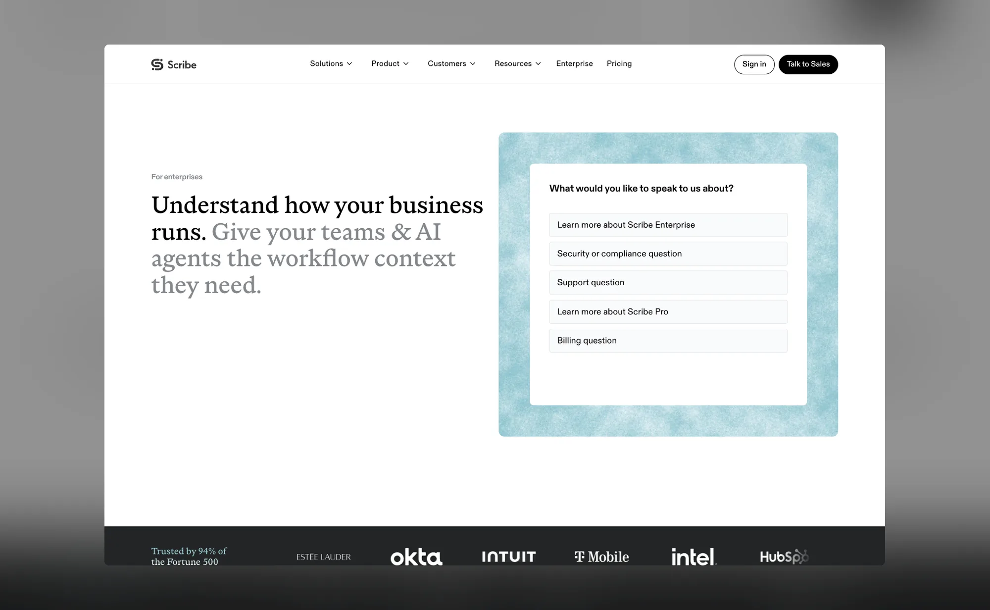 The Scribe Enterprise page, with a five-option card routing visitors to sales, security, support or billing.