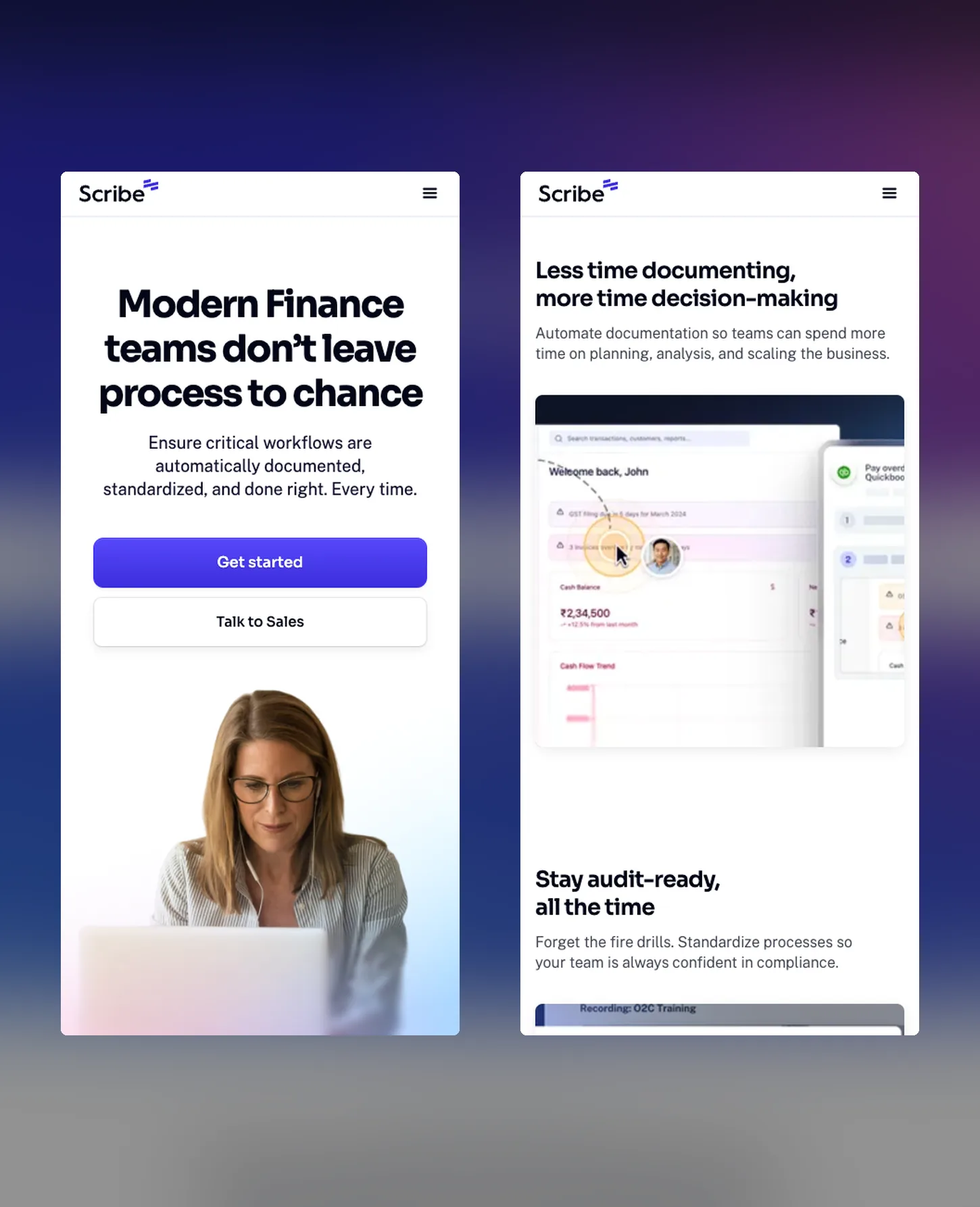 The 2025 Scribe finance use-case page on two phone screens: the hero, and the product section further down.