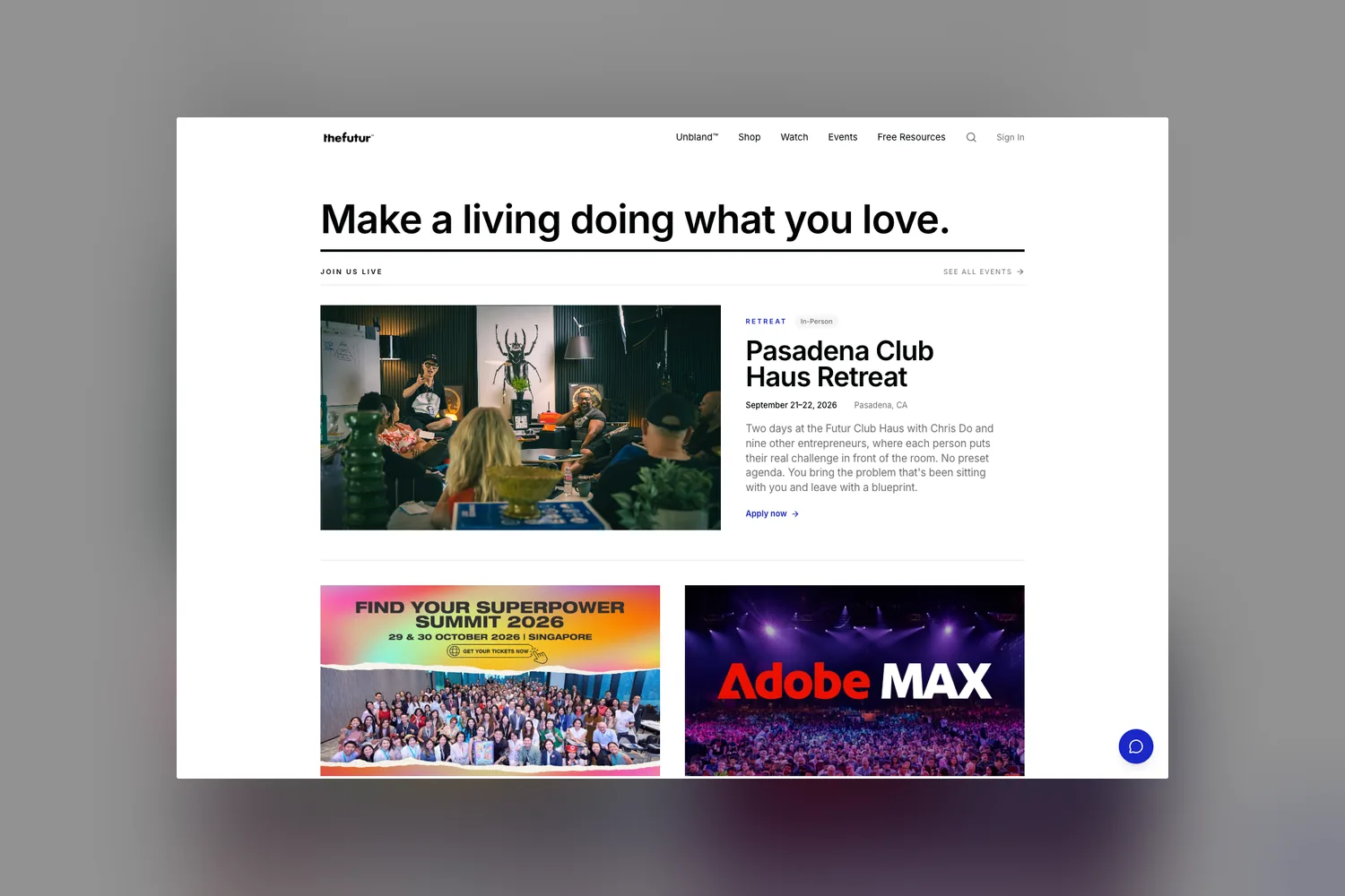 The thefutur.com homepage with the headline Make a living doing what you love above a featured in-person retreat listing