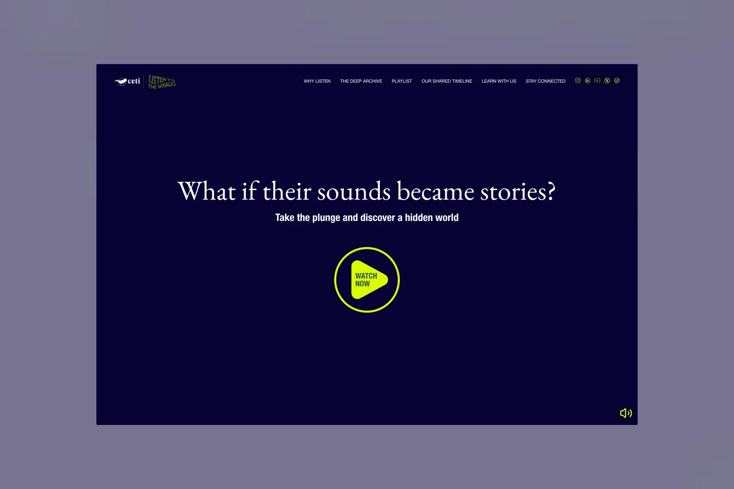The Listen to the Whales homepage on deep navy, with the question What if their sounds became stories and a Watch Now play button