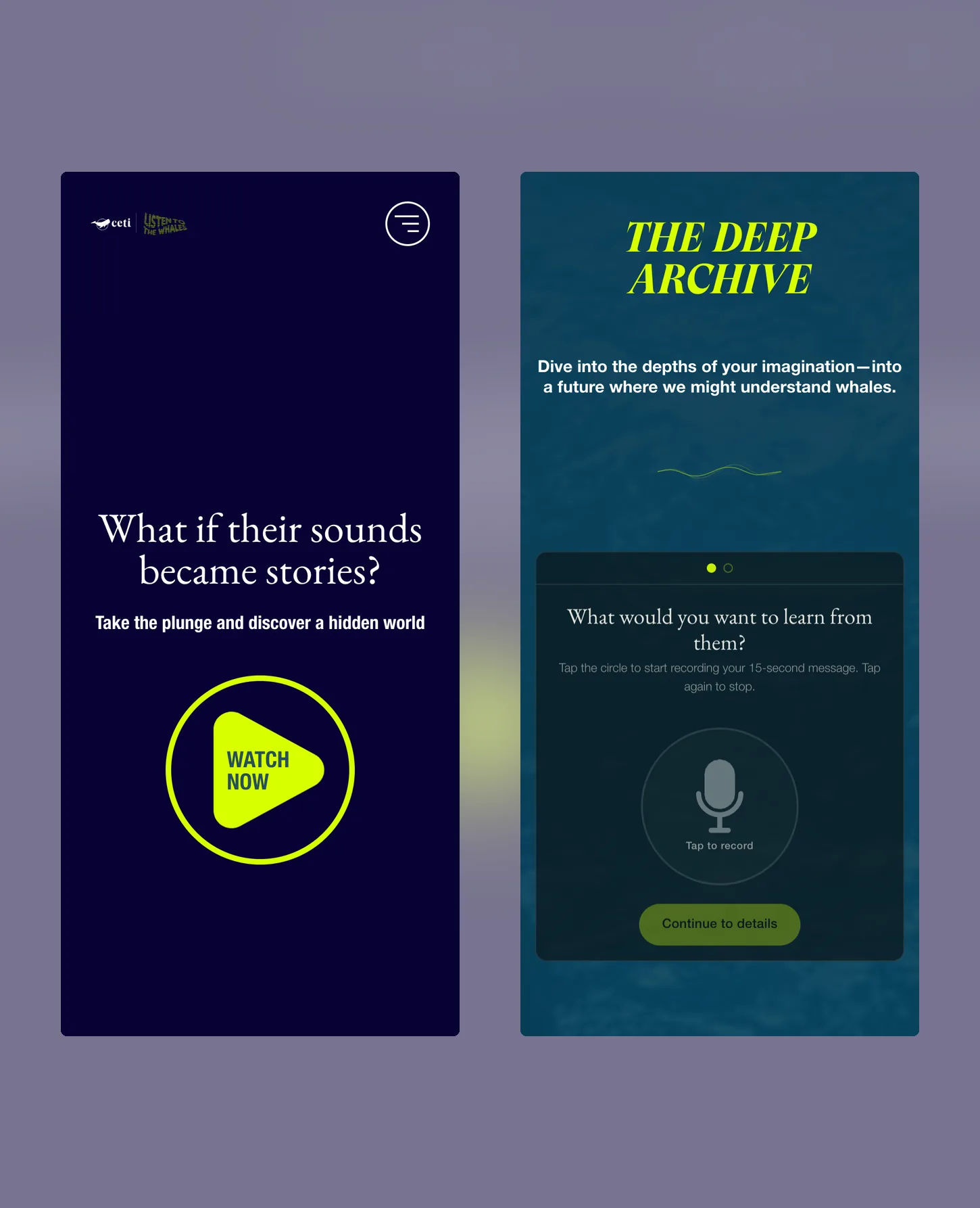 Two phone screens side by side: the campaign homepage and the Deep Archive voice recorder on mobile