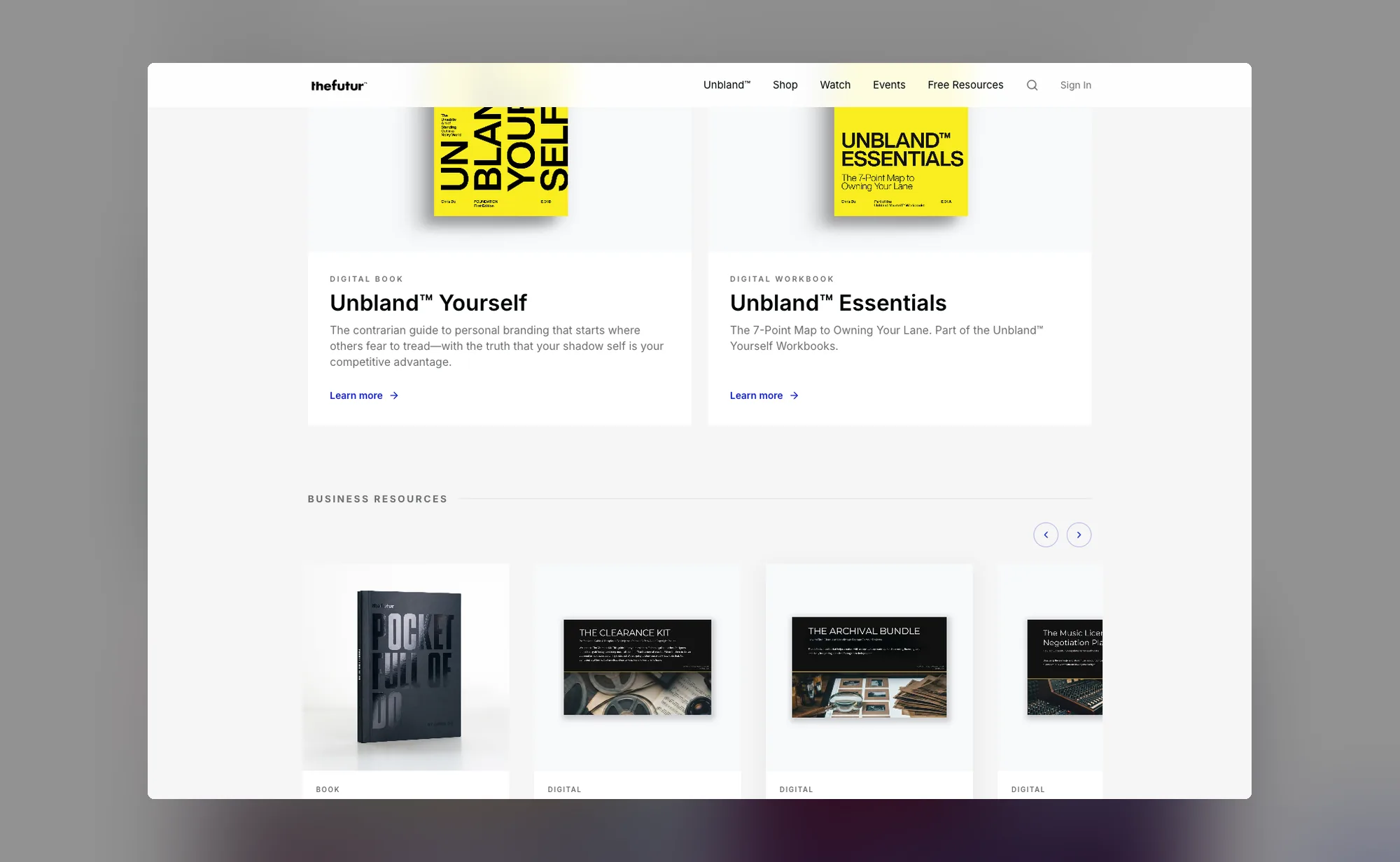 The Futur shop, with product cards for a digital book and a digital workbook above a carousel of business resources