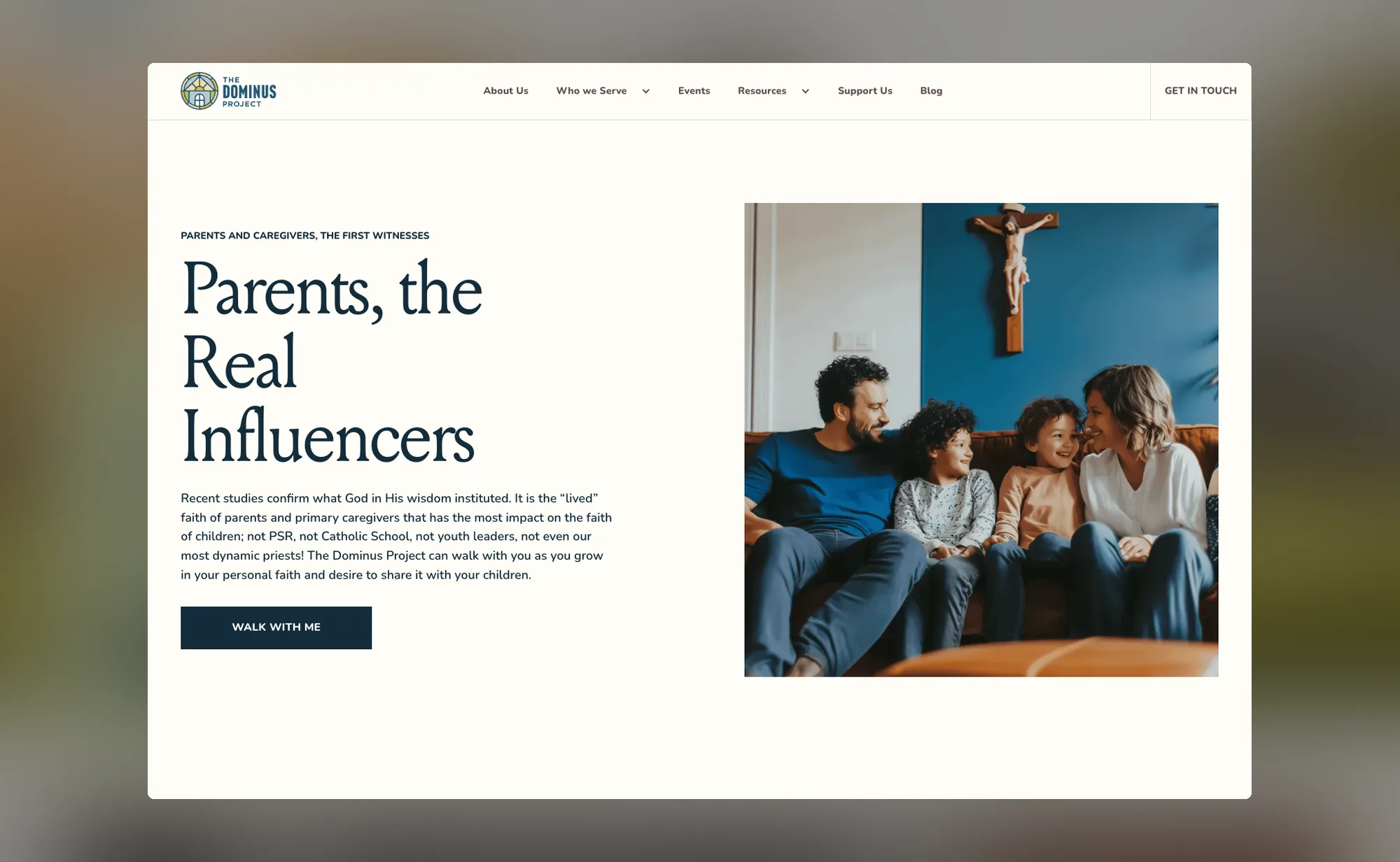 The audience page for parents, headed Parents, the Real Influencers, with a Walk With Me button beside a family photo