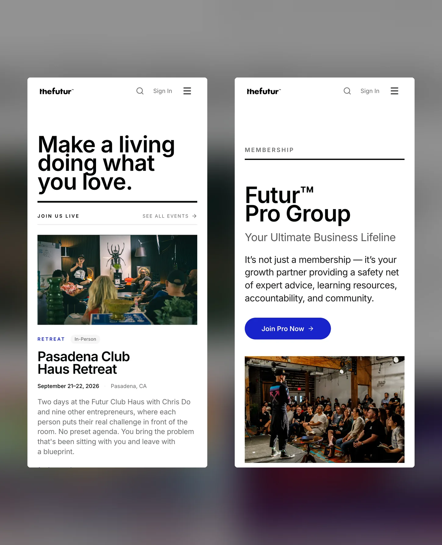 Two phone screens side by side: the Futur homepage and the Pro Group membership page